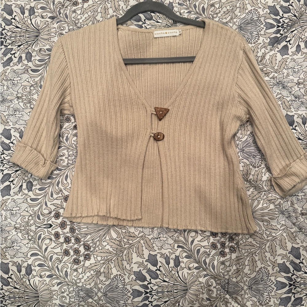 Beige Ribbed Knit Cardigan